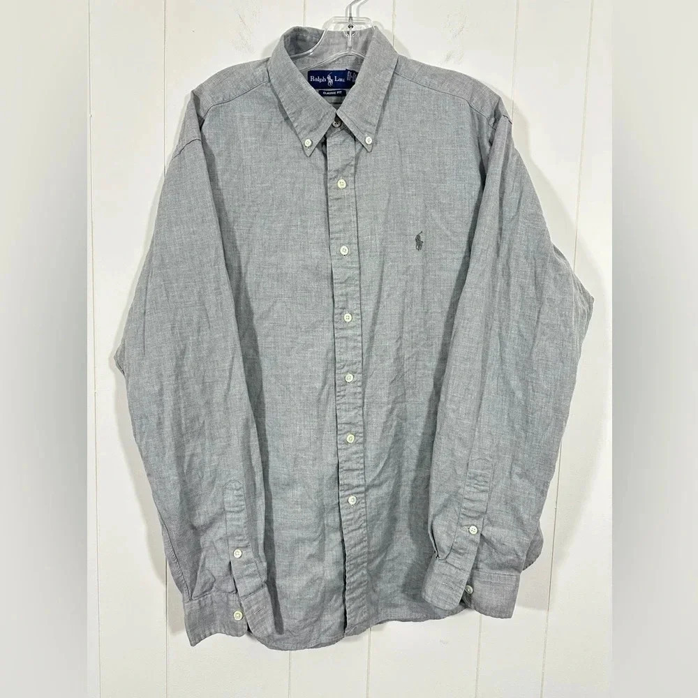 Ralph Lauren Classic Fit Shirt Men XL Gray Long Sleeve Casual Button Down Cotton